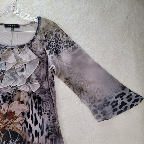 Bleu Womens Top Size S Blue Animal Print Flowy Ruffled Y2K Colorful Tunic Blouse - Picture 3 of 12